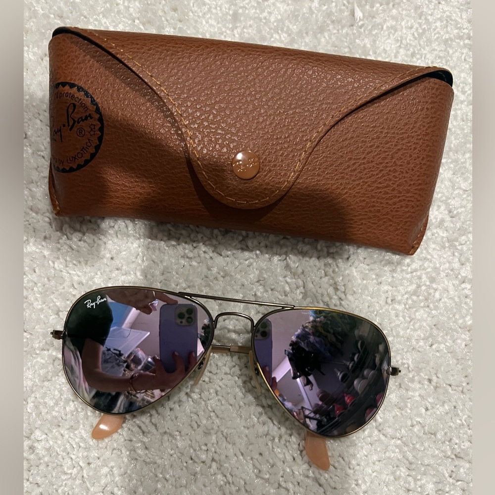 Gently used, RayBan, womens gold aviator with purple mirrored lenses